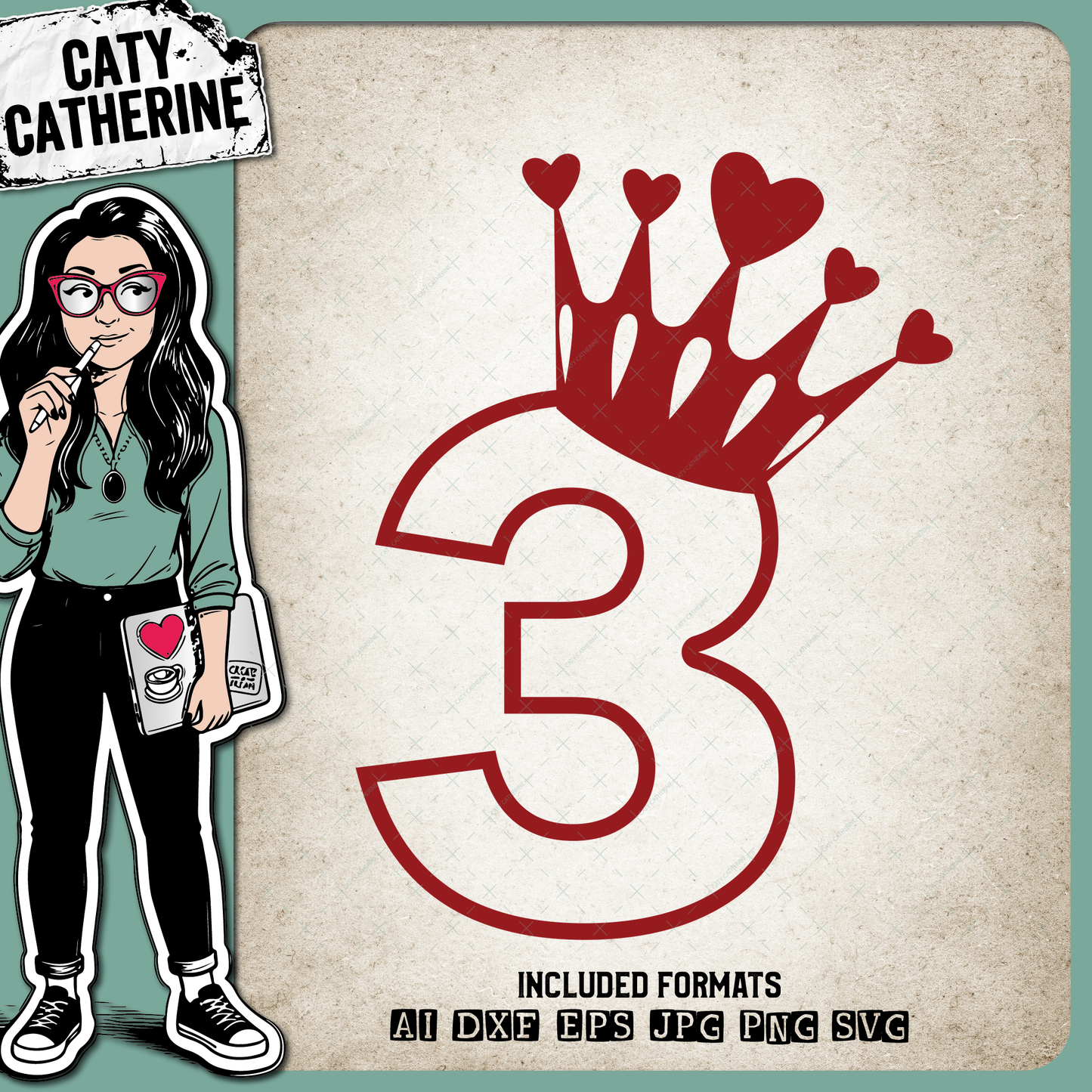 3 Three Years Old Heart Crown Princess – Birthday SVG Design by Caty Catherine