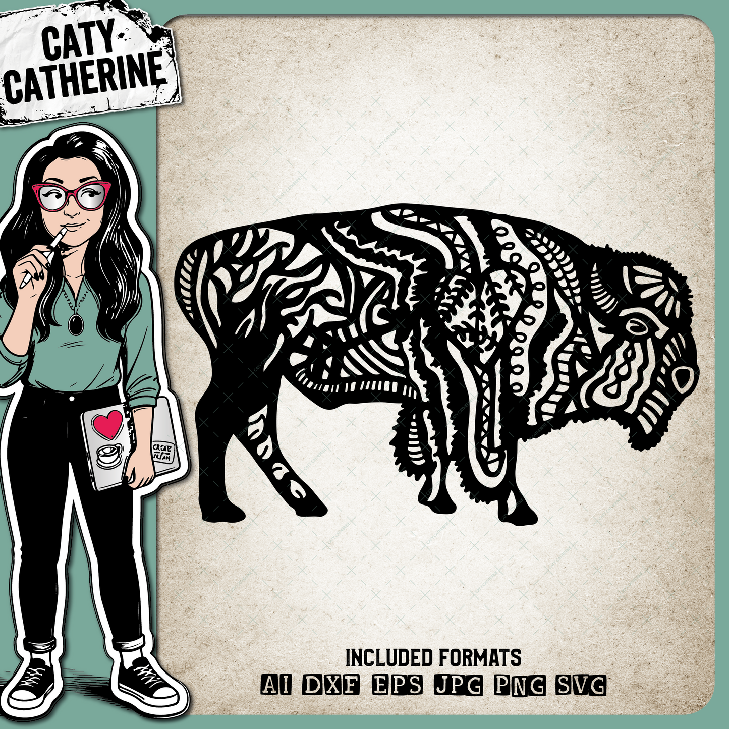 Bison Buffalo Zentangle – Western SVG Design by Caty Catherine