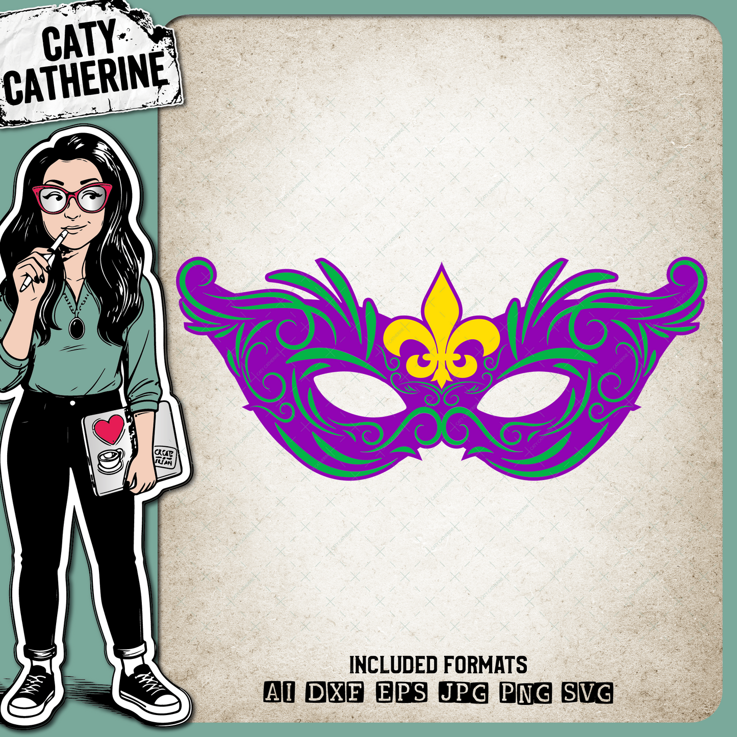 Mardi Gras Mask Masquerade Mask Purple Yellow Green – SVG Design by Caty Catherine