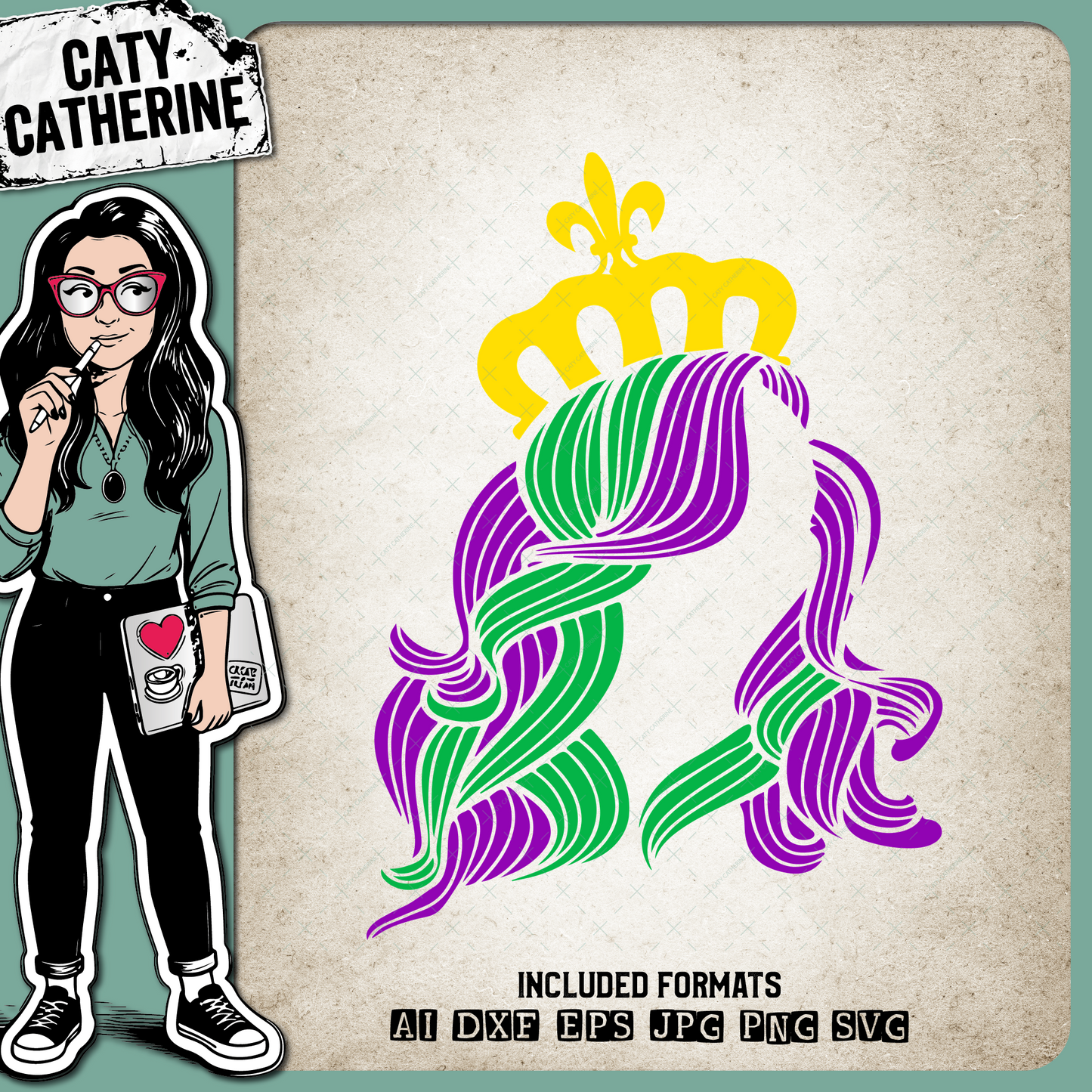 Mardi Gras Diva Woman Crown Long Hair Purple Yellow Green – SVG Design by Caty Catherine