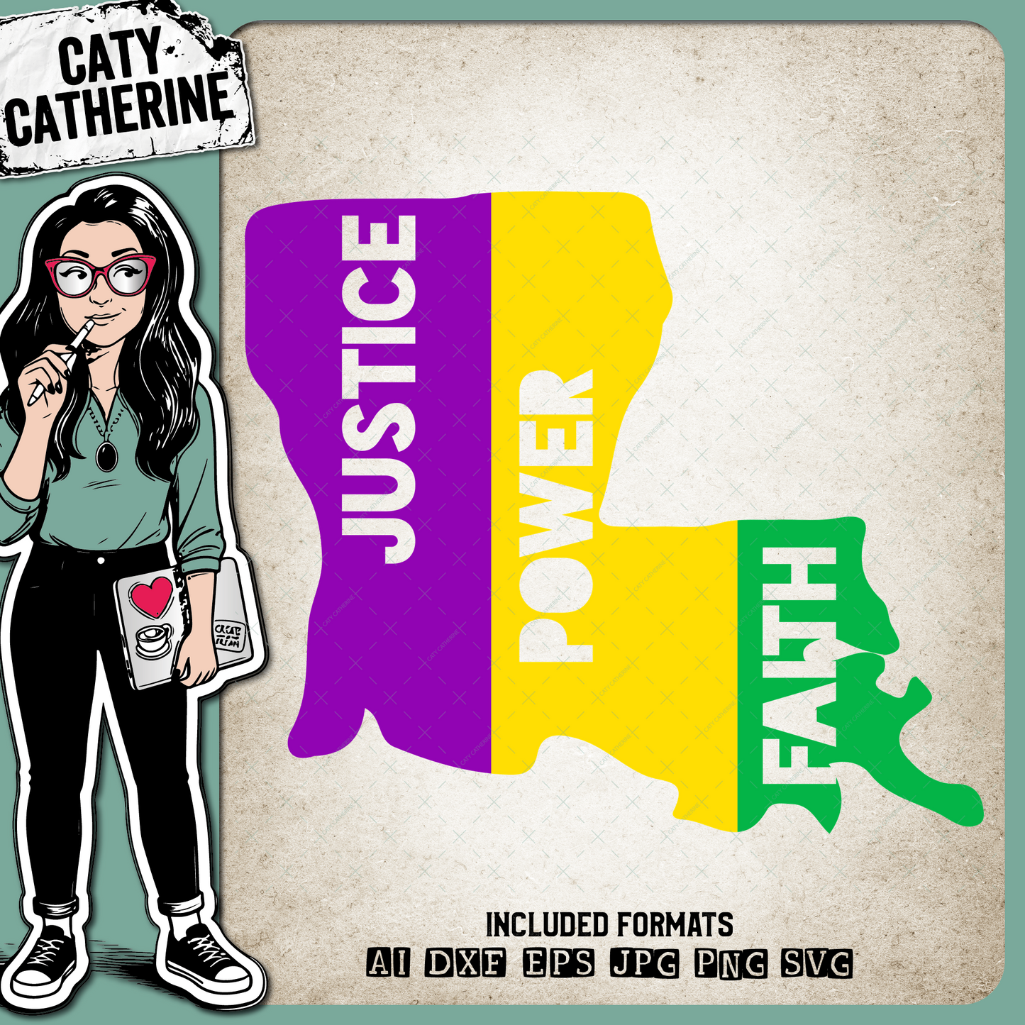 Justice Power Faith Louisiana State Mardi Gras Purple Yellow Green – SVG Design by Caty Catherine