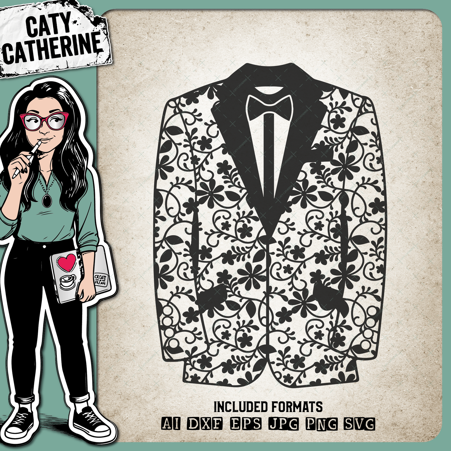 Groom Tuxedo Wedding Suit Pattern Papercut Bow Tie – SVG Design by Caty Catherine