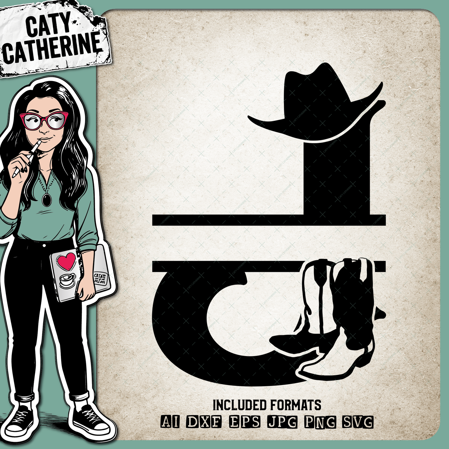 Letter J Cowboy Monogram Includes Cowboy Boots & Cowboy Hat – Monograms SVG Design by Caty Catherine