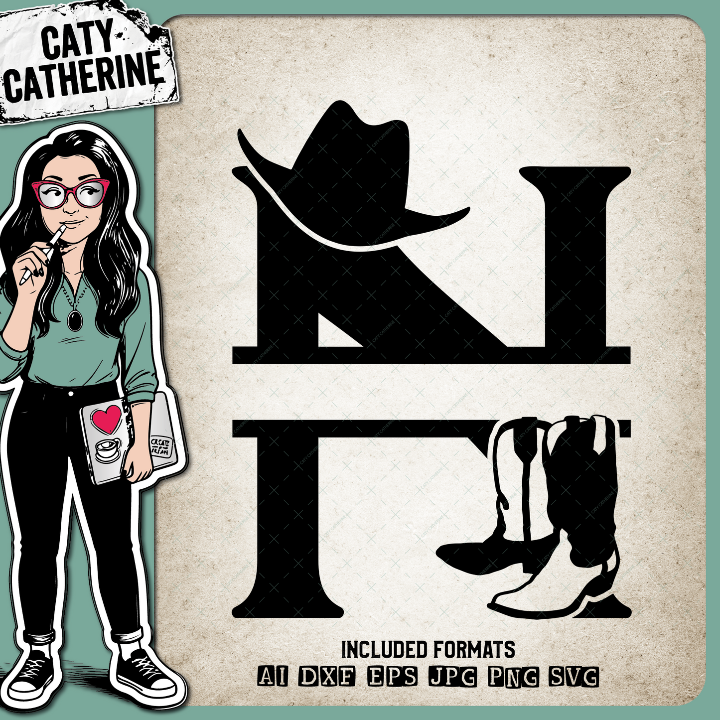 Letter N Cowboy Monogram Includes Cowboy Boots & Cowboy Hat – Monograms SVG Design by Caty Catherine