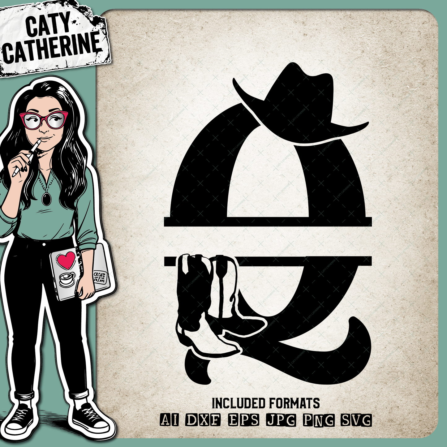 Letter Q Cowboy Monogram Includes Cowboy Boots & Cowboy Hat – Monograms SVG Design by Caty Catherine