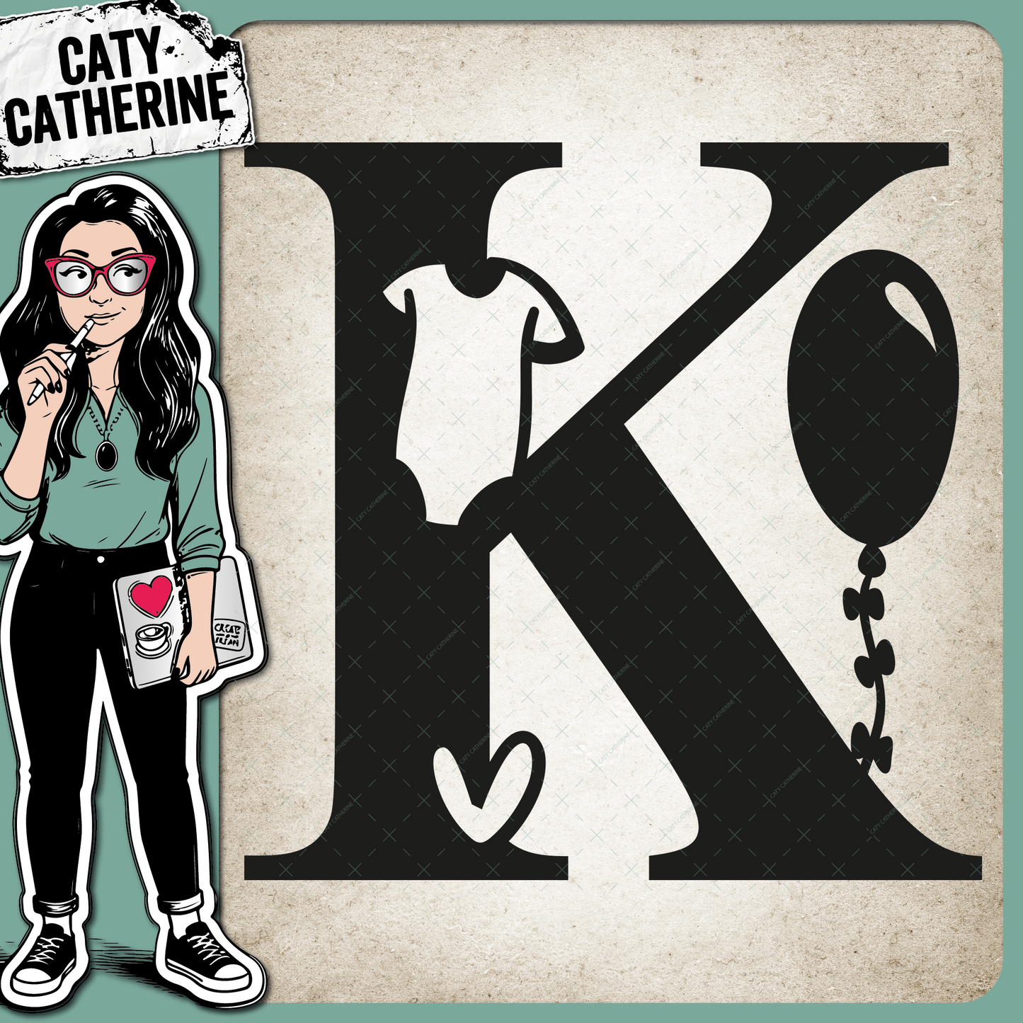 Letter K Newborn Baby Monogram Includes Love Heart BabyGrow Balloon – Monograms SVG Design by Caty Catherine