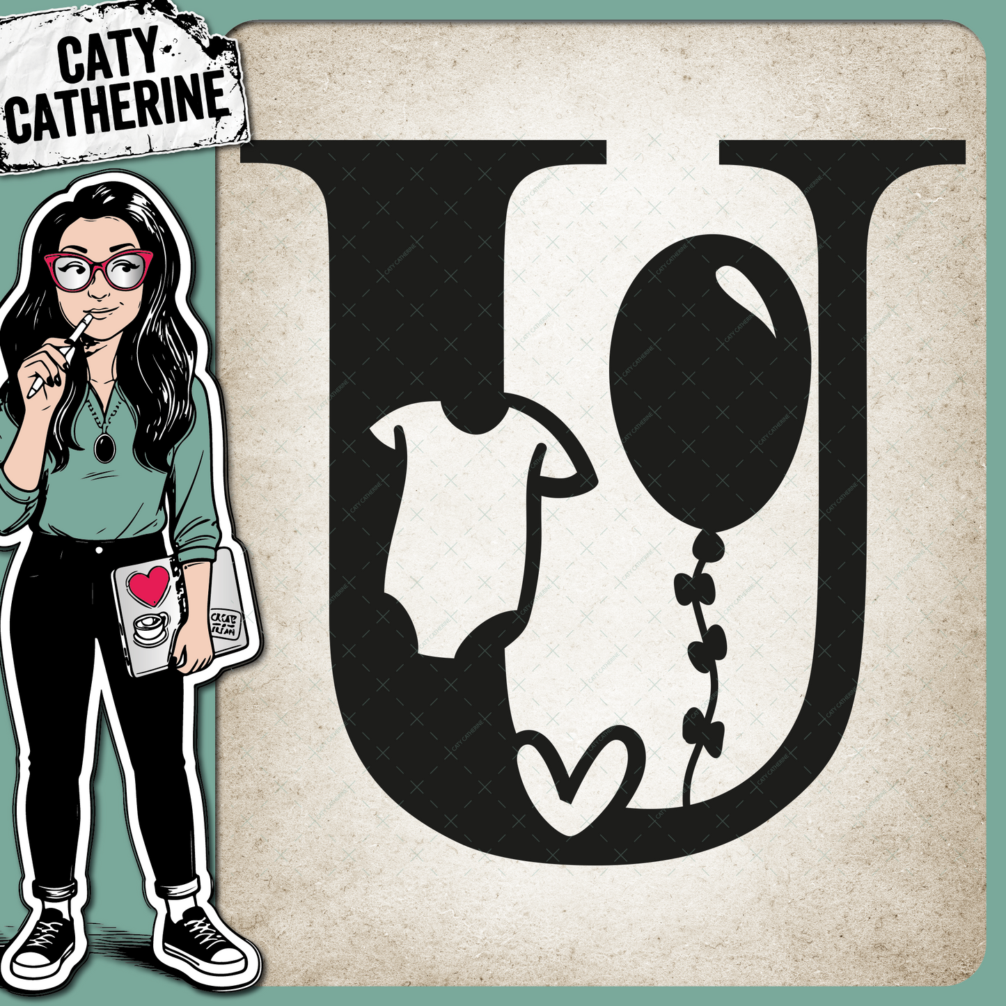 Letter U Newborn Baby Monogram Includes Love Heart BabyGrow Balloon – Monograms SVG Design by Caty Catherine