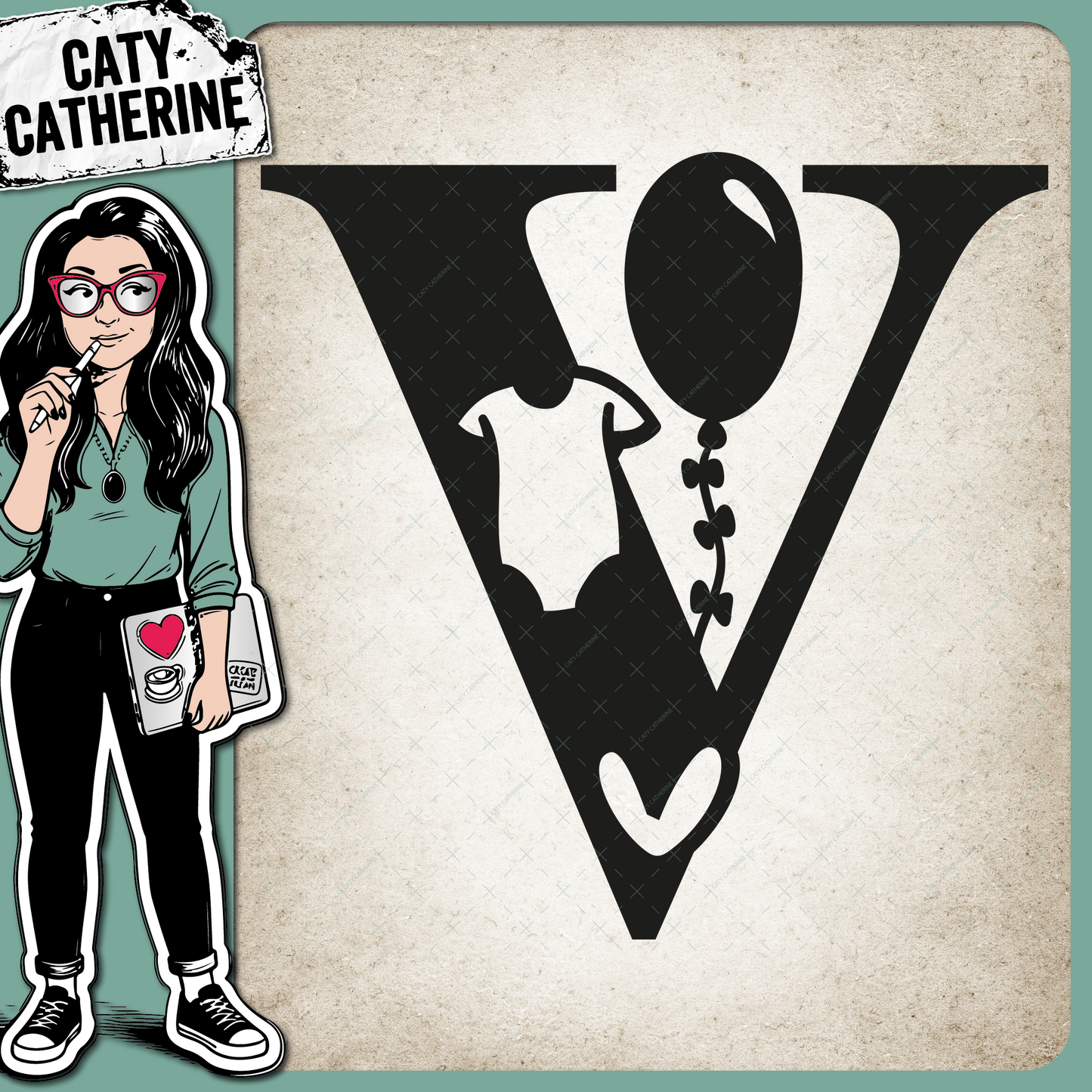 Letter V Newborn Baby Monogram Includes Love Heart BabyGrow Balloon – Monograms SVG Design by Caty Catherine