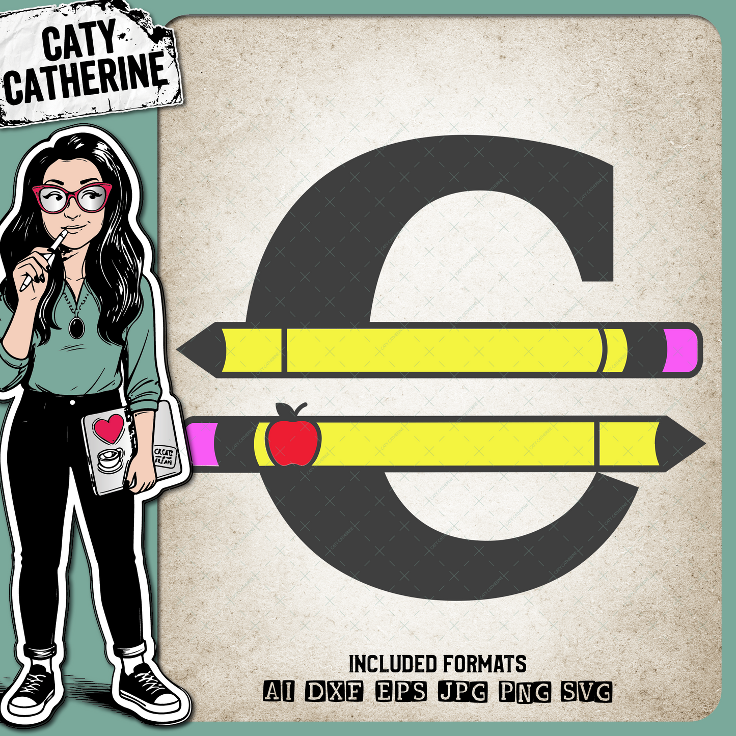 Letter C Split Teacher Monogram with Pencil and Apple Detail – Monograms SVG Design by Caty Catherine