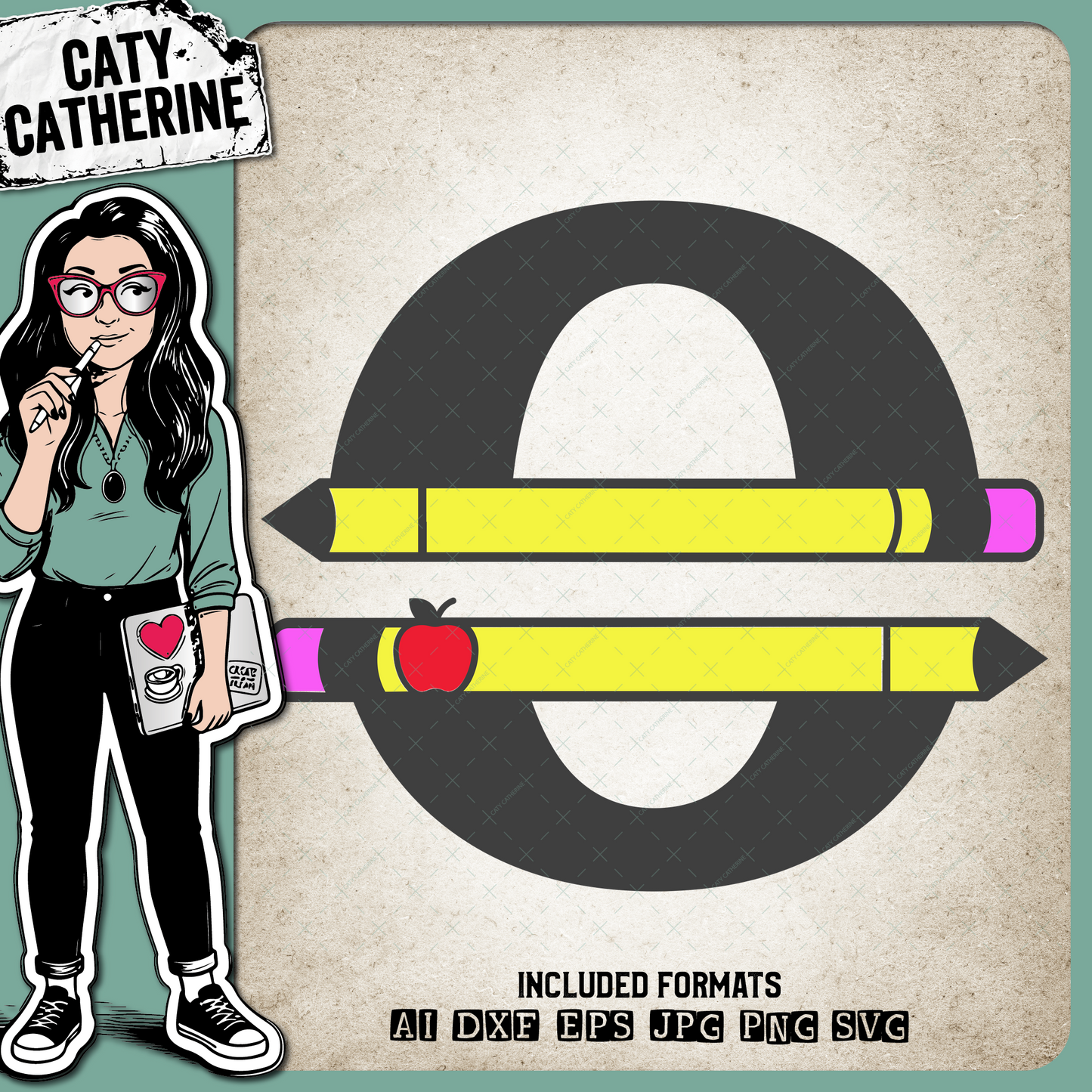 Letter O Split Teacher Monogram with Pencil and Apple Detail – Monograms SVG Design by Caty Catherine