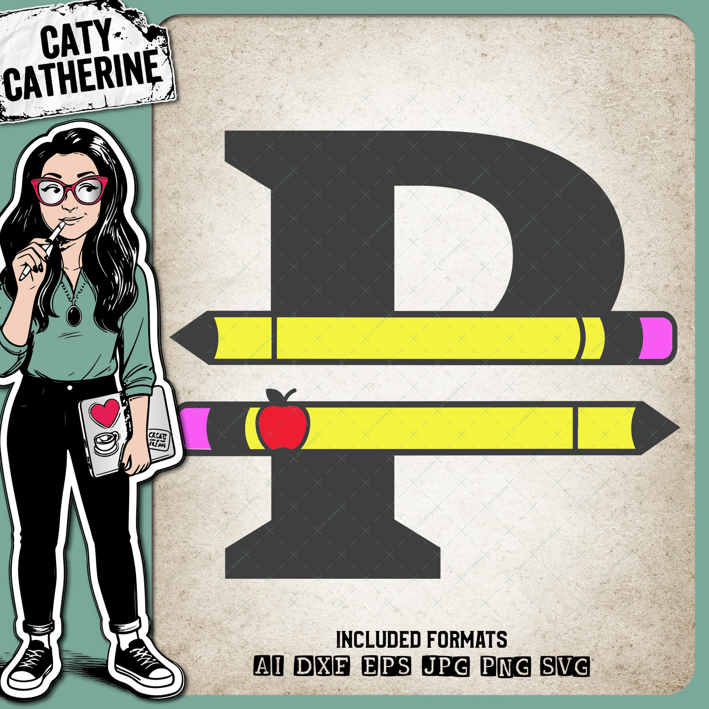 Letter P Split Teacher Monogram with Pencil and Apple Detail – Monograms SVG Design by Caty Catherine