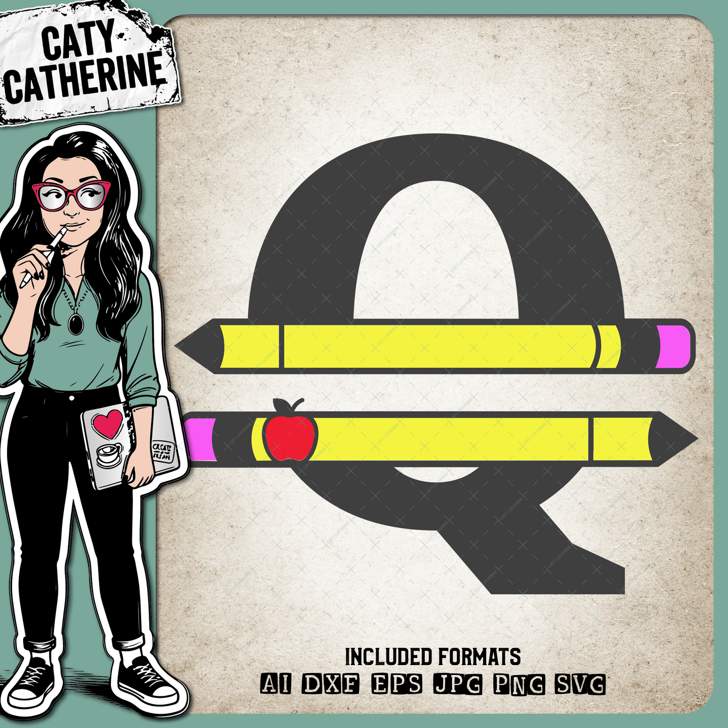 Letter Q Split Teacher Monogram with Pencil and Apple Detail – Monograms SVG Design by Caty Catherine