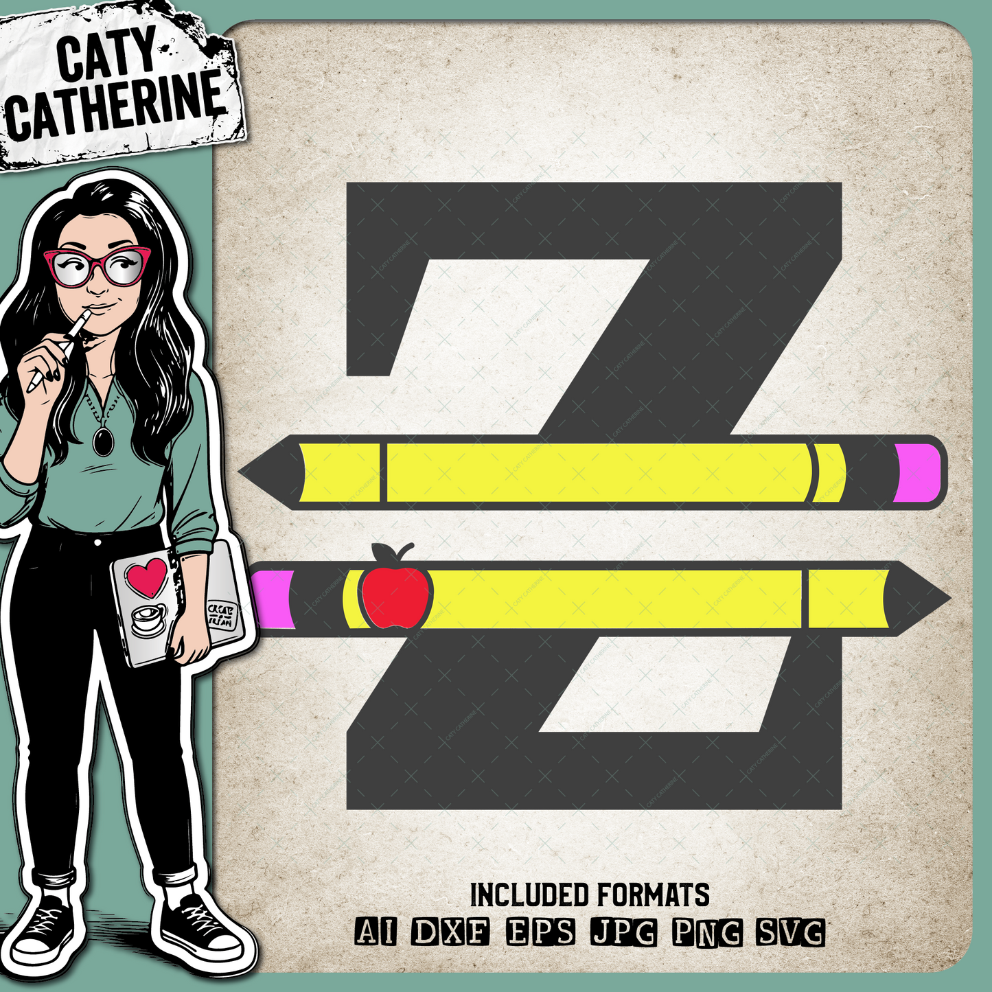 Letter Z Split Teacher Monogram with Pencil and Apple Detail – Monograms SVG Design by Caty Catherine