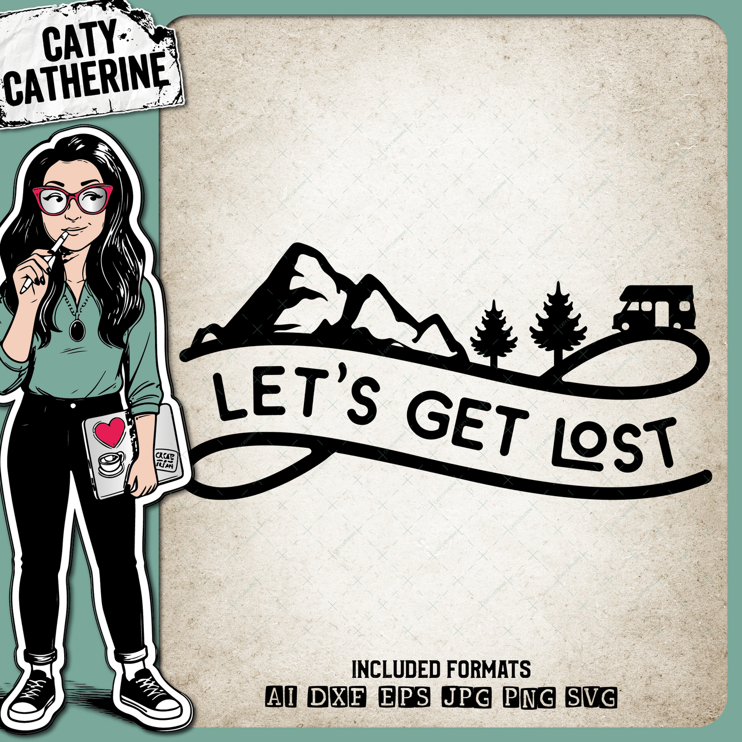 RV Let's Get Lost Camping Mountains Trees – Outdoors SVG Design by Caty Catherine
