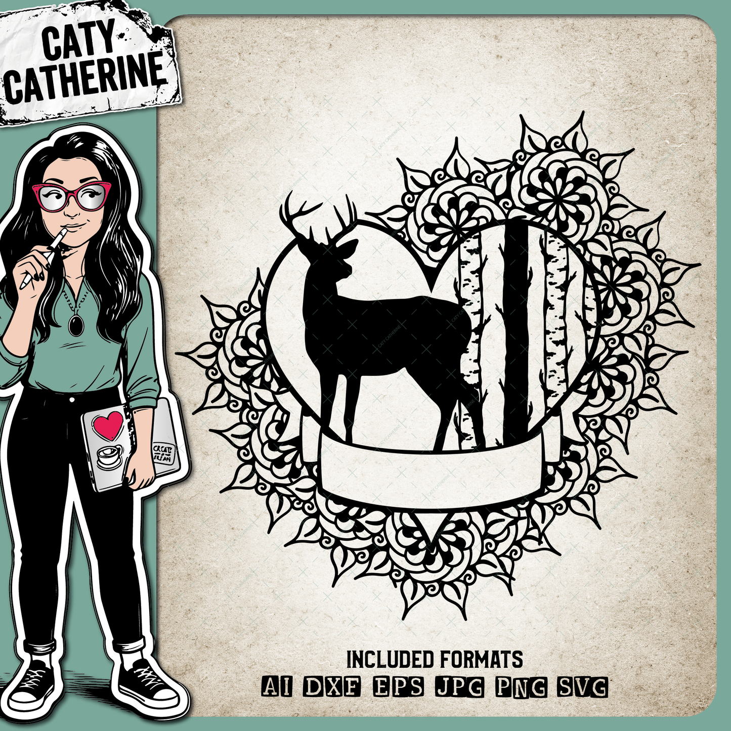 Deer Birch Tree Love Heart Banner Frame – SVG Design by Caty Catherine