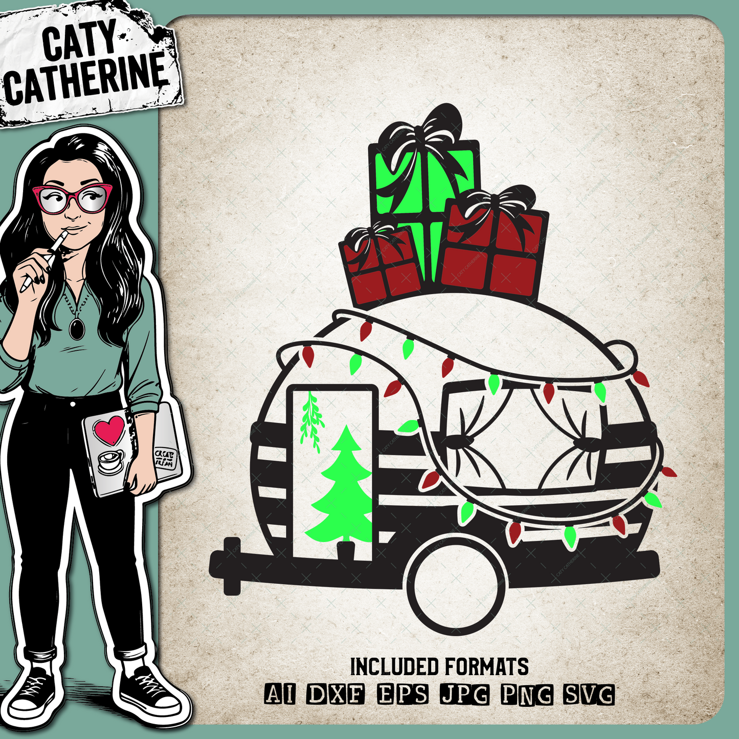 Camper Caravan with Christmas Lights Presents and Christmas Tree – SVG Design by Caty Catherine