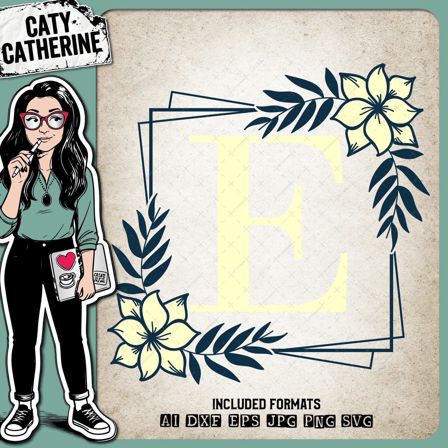 Letter E Floral Monogram Frame – Monograms SVG Design by Caty Catherine