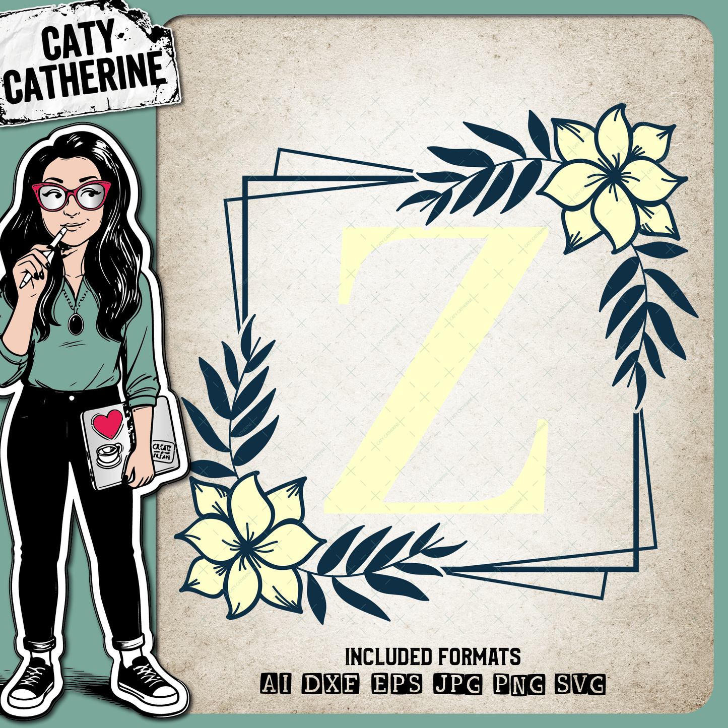 Letter Z Floral Monogram Frame – Monograms SVG Design by Caty Catherine