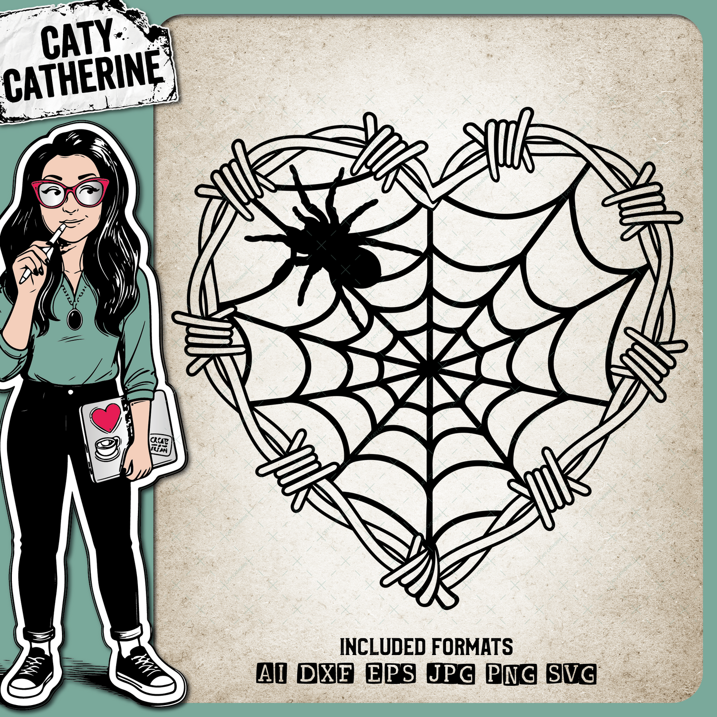 Barbed Wire Love Heart With Spider and Spiders Web Halloween – SVG Design by Caty Catherine