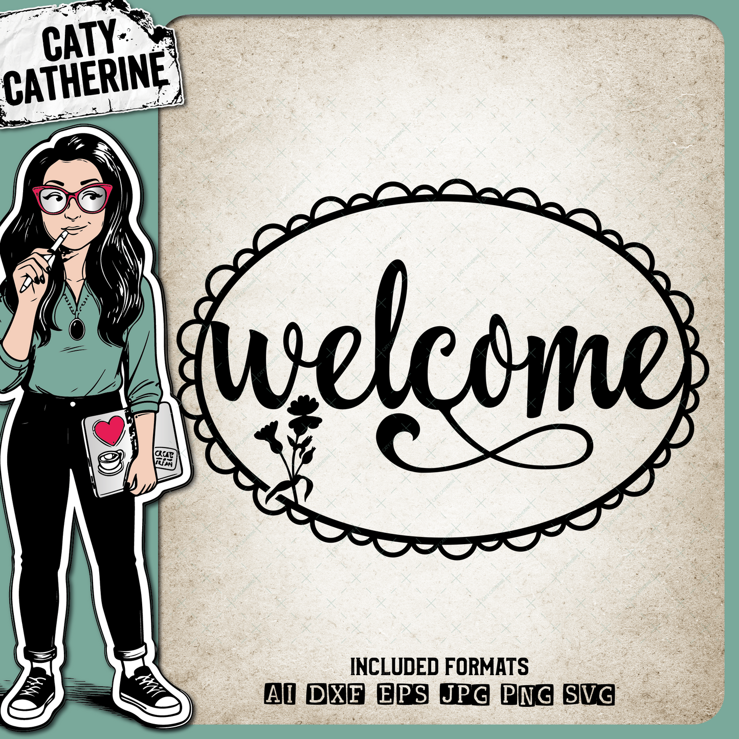 Welcome Sign with Lace and Floral Detail – Home Decor SVG Design by Caty Catherine