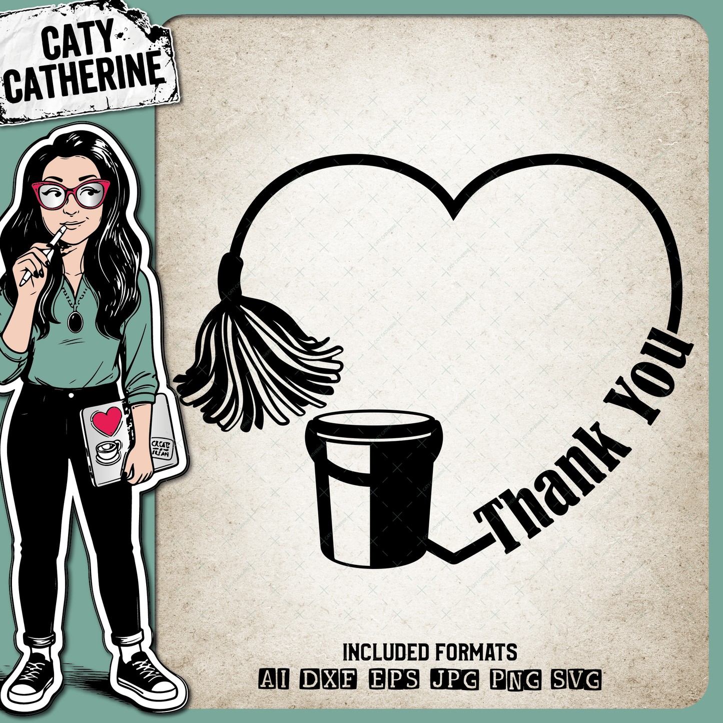 Mop & Bucket Love Heart Thank You Janitors Cleaners Porters & Caretakers COVID-19 – Occupations SVG Design by Caty Catherine