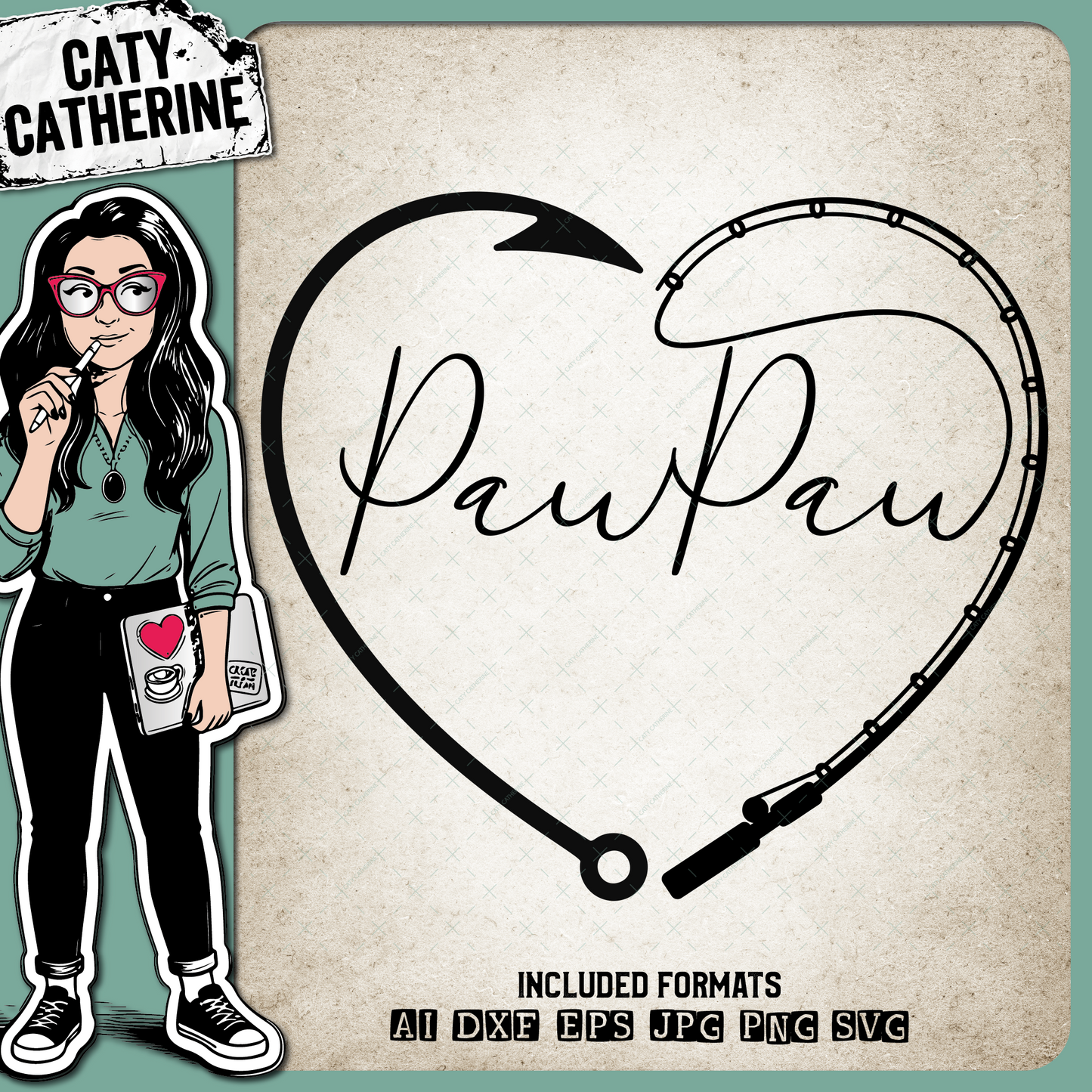 Pawpaw Father's Day Fishing Line with Pole & Hook Love Heart – Father’s Day SVG Design by Caty Catherine