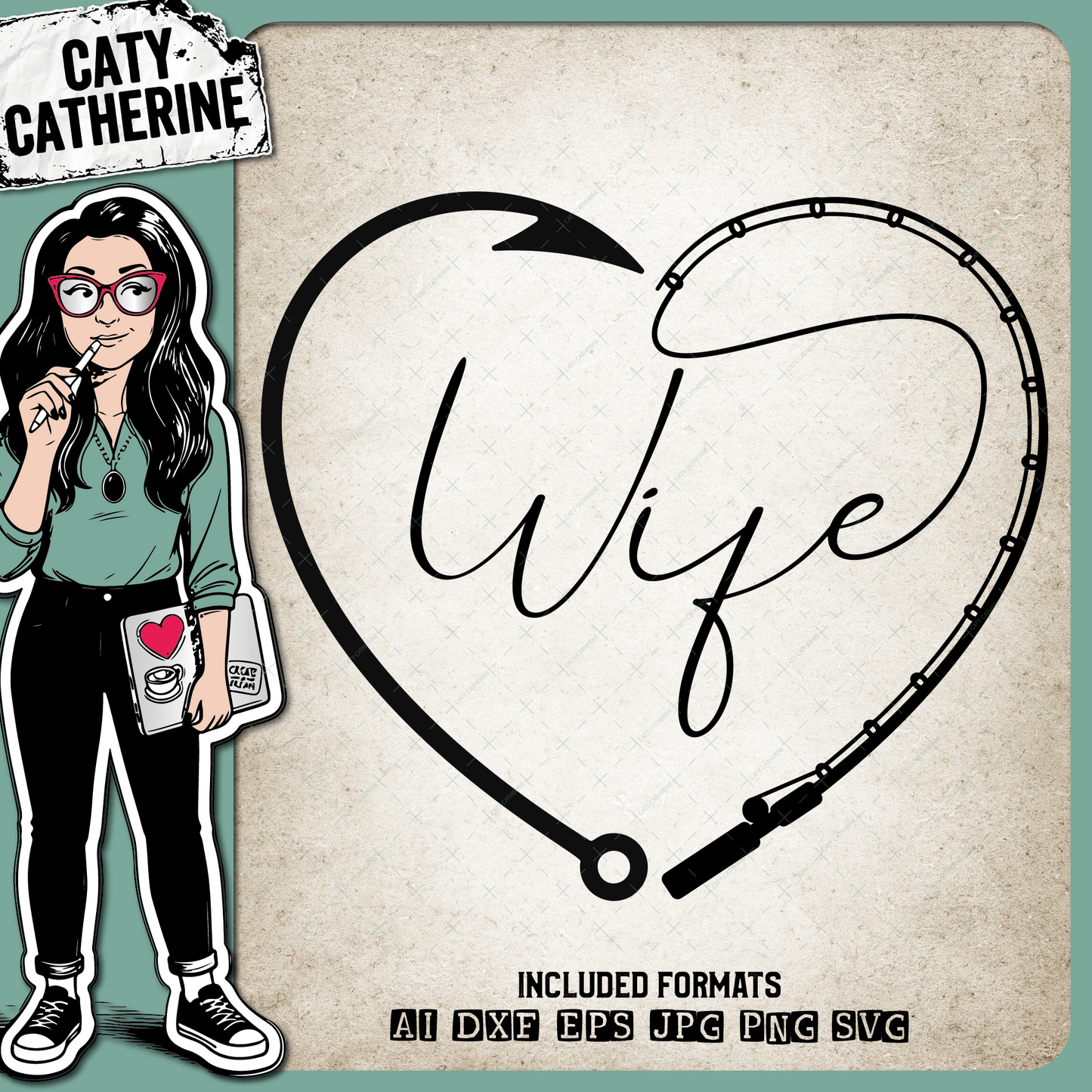 Wife Mother's Day / Wedding Fishing Line with Pole & Hook Love Heart – Marriage SVG Design by Caty Catherine