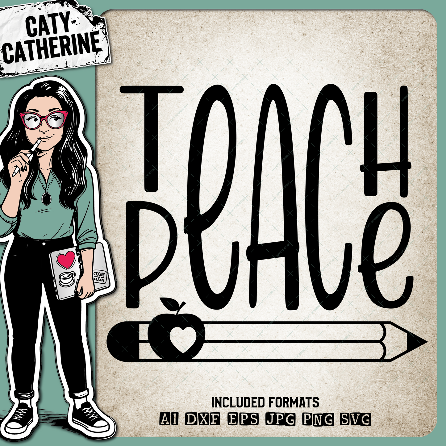 Teach Peace Inspirational Teacher Appreciation Quote Pencil & Apple – Education SVG Design by Caty Catherine