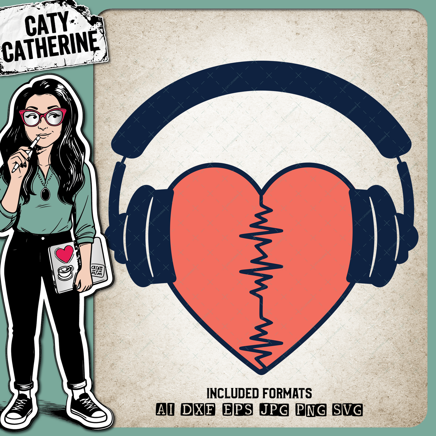 Love Heart Heartbeat with Headphones Music Lover – SVG Design by Caty Catherine