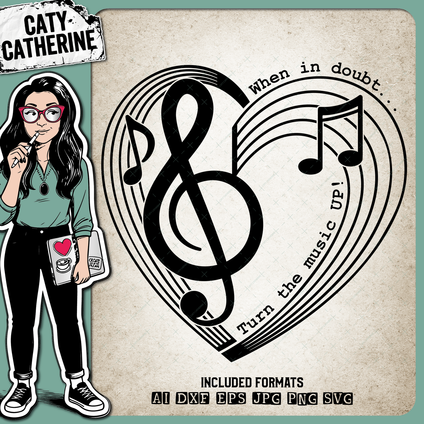 When In Doubt Turn The Music Up Musical Notation Love Heart Quote – SVG Design by Caty Catherine