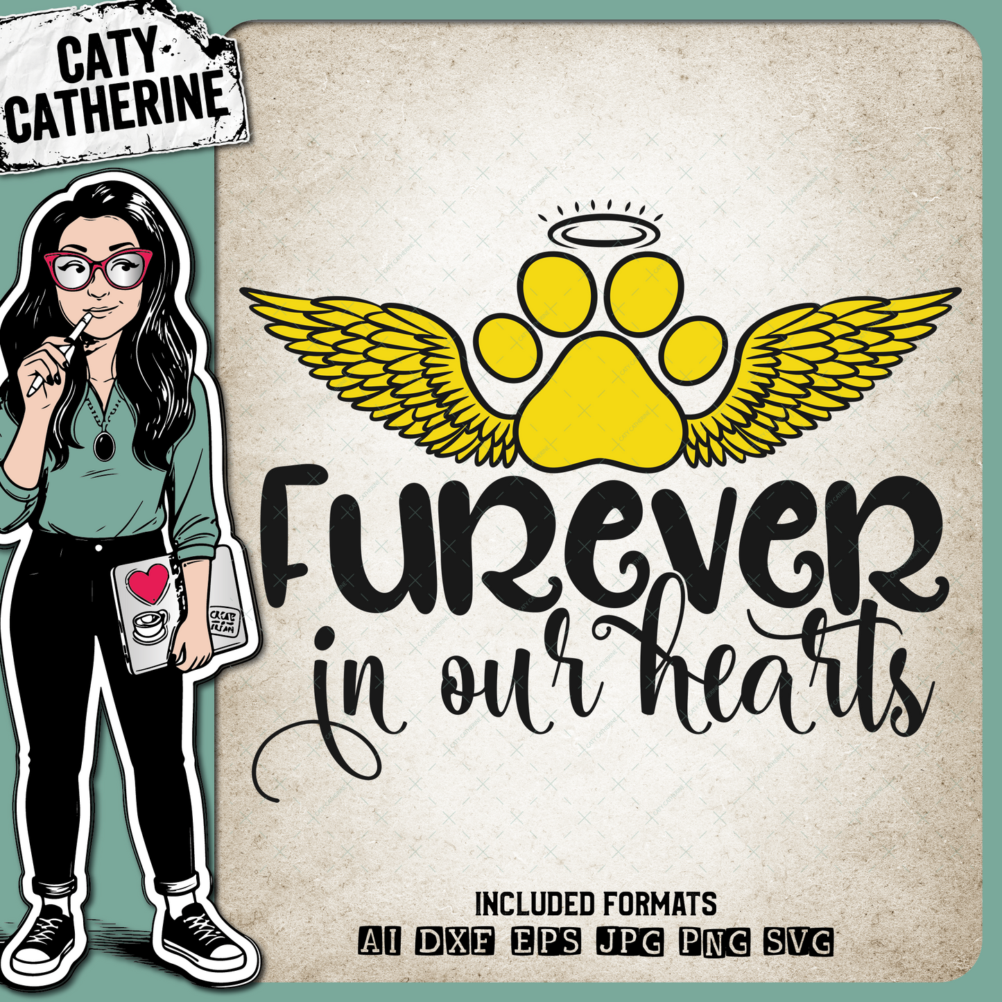 Furever ( Forever ) In Our Hearts Pet Dog Angel Wings Remembrance Paw Print – Pets & Animals SVG Design by Caty Catherine
