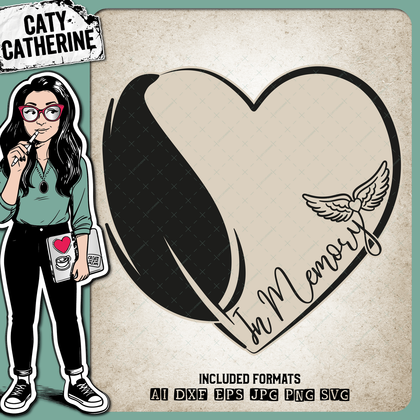 In Memory Love Heart with Feather & Wings Remembrance – SVG Design by Caty Catherine
