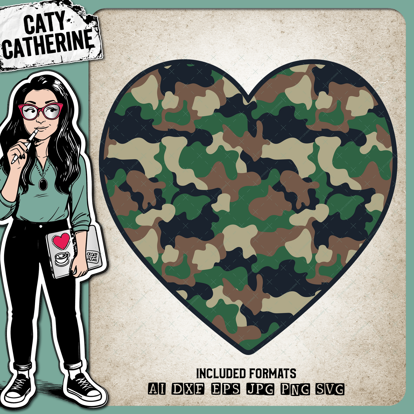 Camo Camouflage Hunting Outdoors Love Heart – SVG Design by Caty Catherine