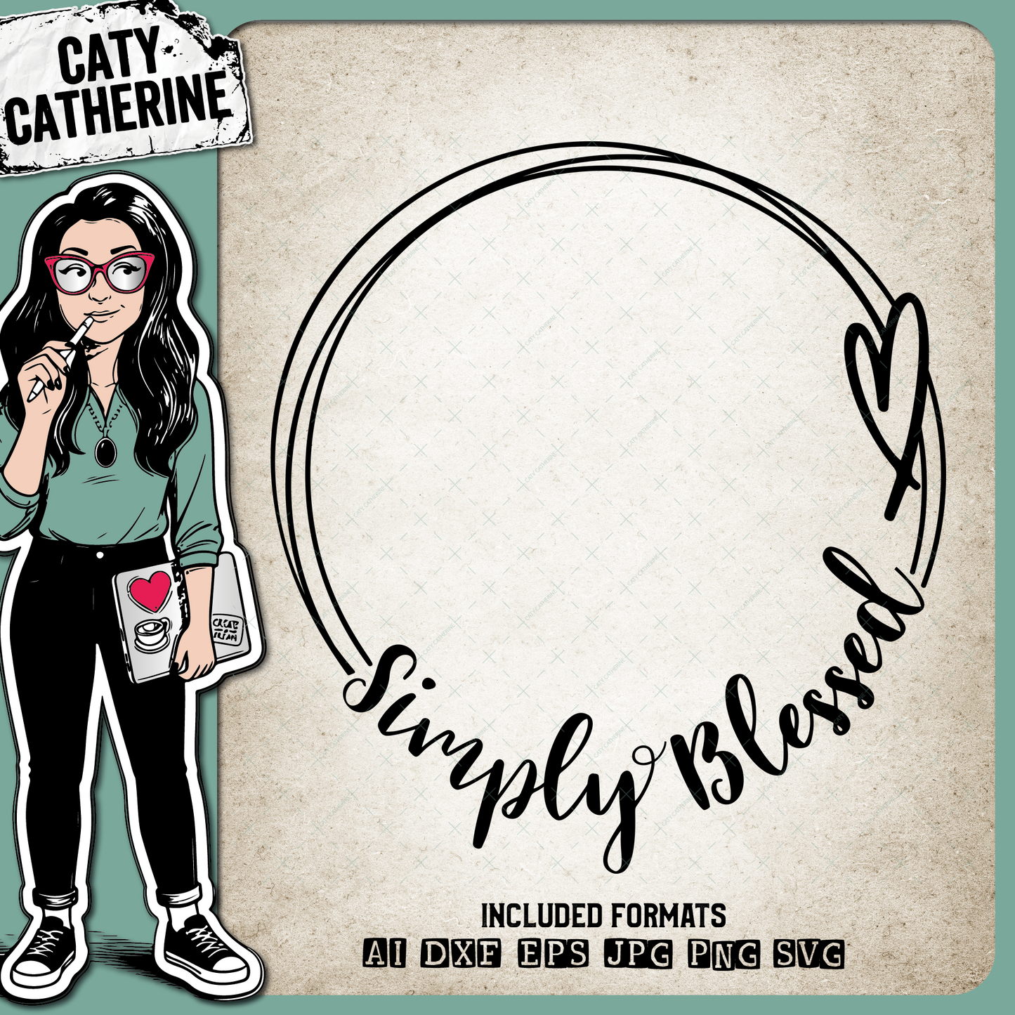 Simply Blessed Doodle Circle Frame with Love Heart – SVG Design by Caty Catherine