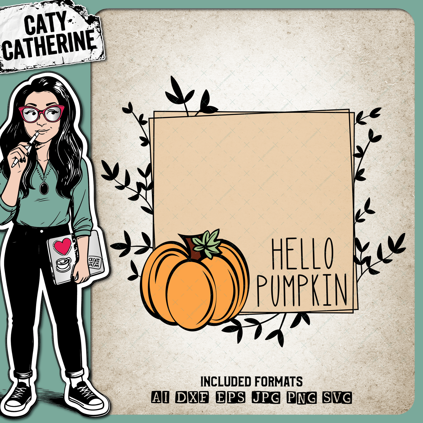 Hello Pumpkin Fall Autumn Floral Photo Frame – Seasonal SVG Design by Caty Catherine