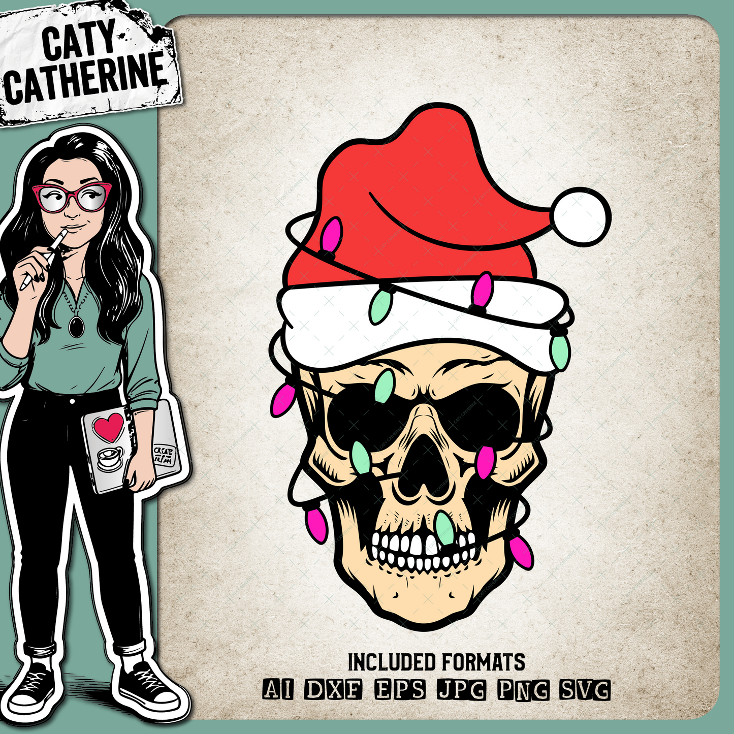 Santa Skull with Santa Hat & Christmas Lights – SVG Design by Caty Catherine