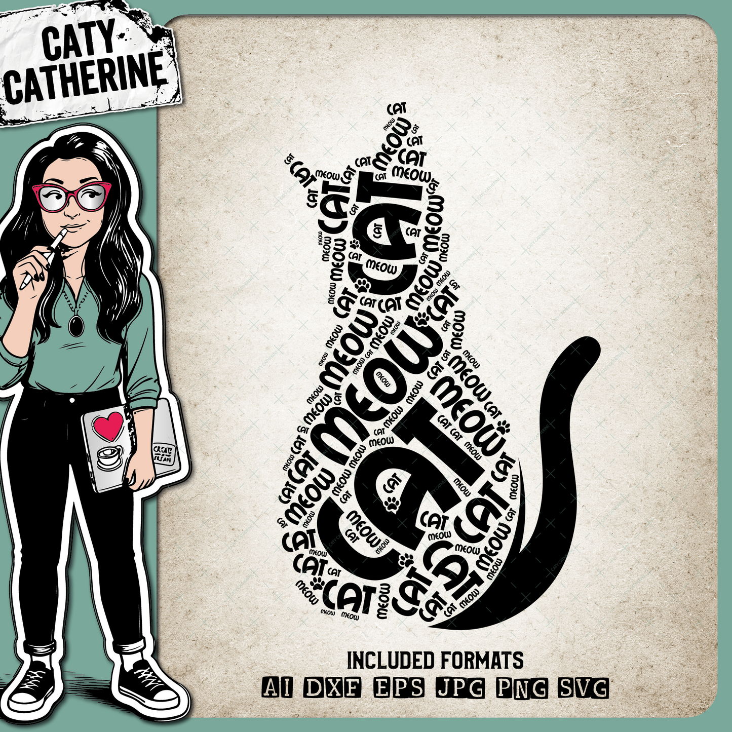 Cat Silhouette Word Art Cat Meow Paw – Pets & Animals SVG Design by Caty Catherine