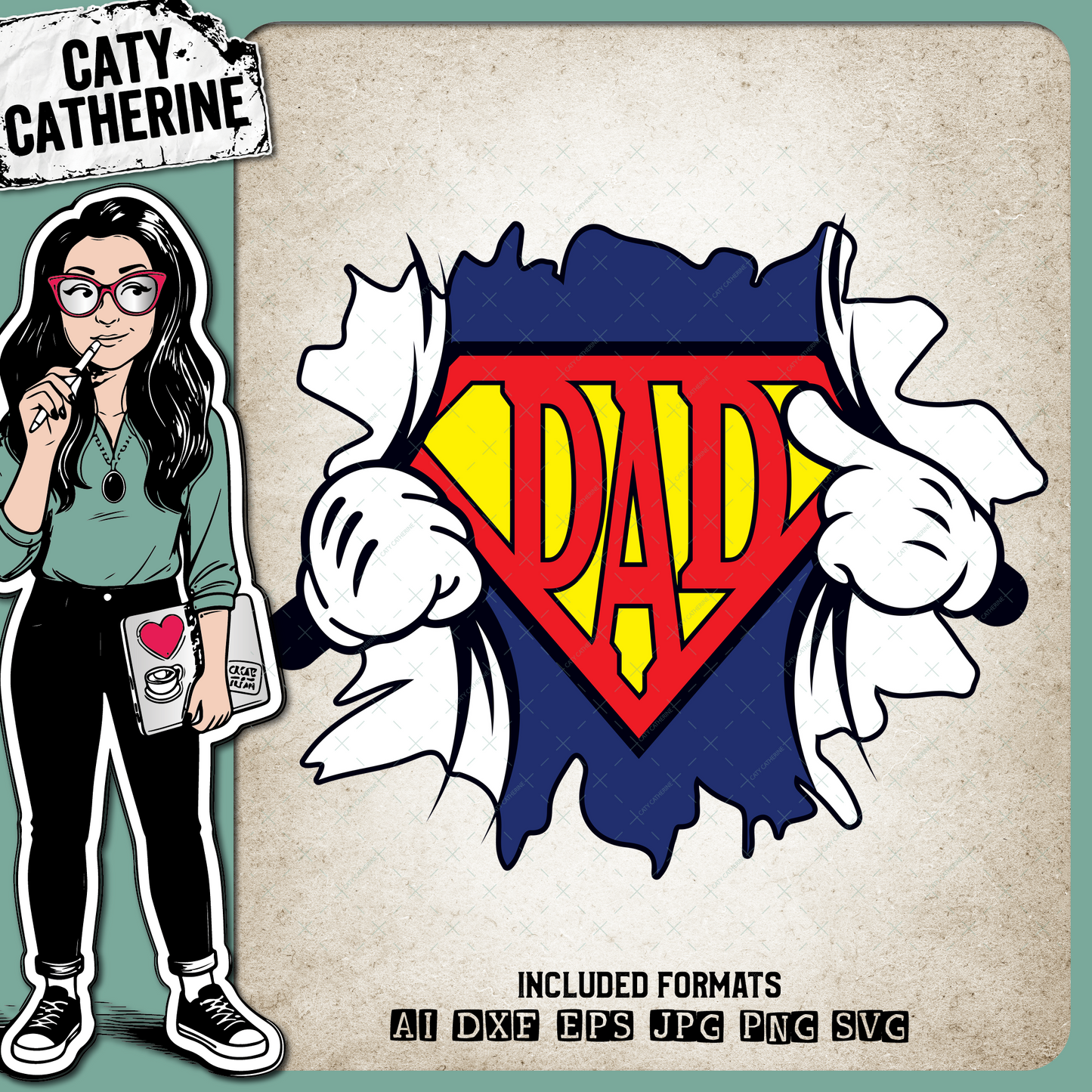 Super Human Dad Ripped Shirt Cartoon Hands – Family SVG Design by Caty Catherine