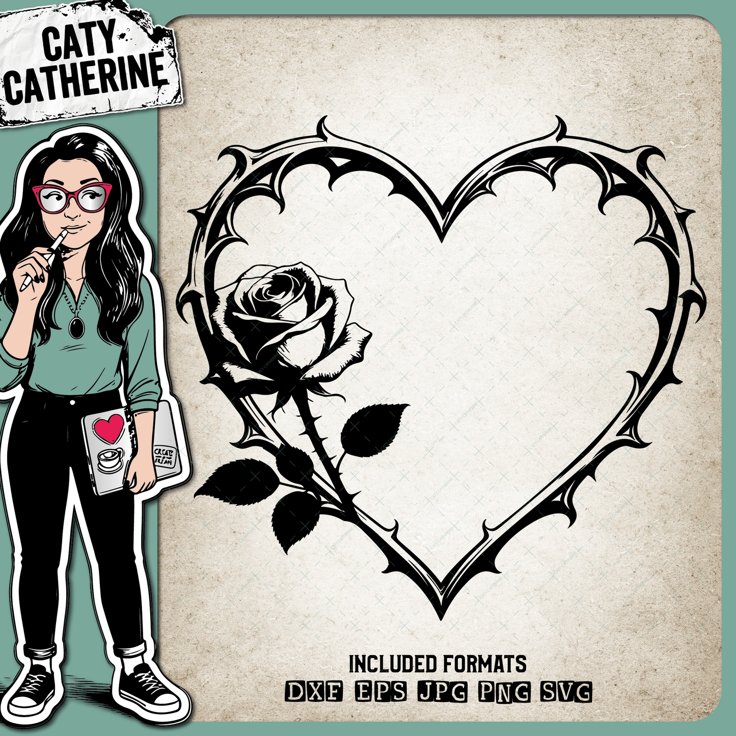 Thorn Love Heart with Rose – Valentine’s Day SVG Design by Caty Catherine