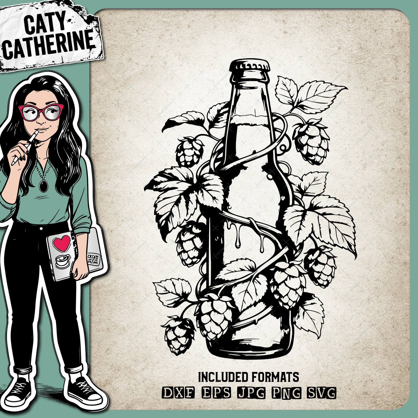 Glass Beer Bottle with Hops – Food & Drink SVG Design by Caty Catherine