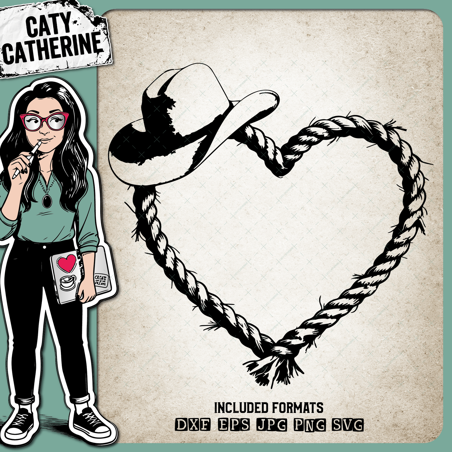 Old Rope Love Heart with Cowboy Hat – Western SVG Design by Caty Catherine