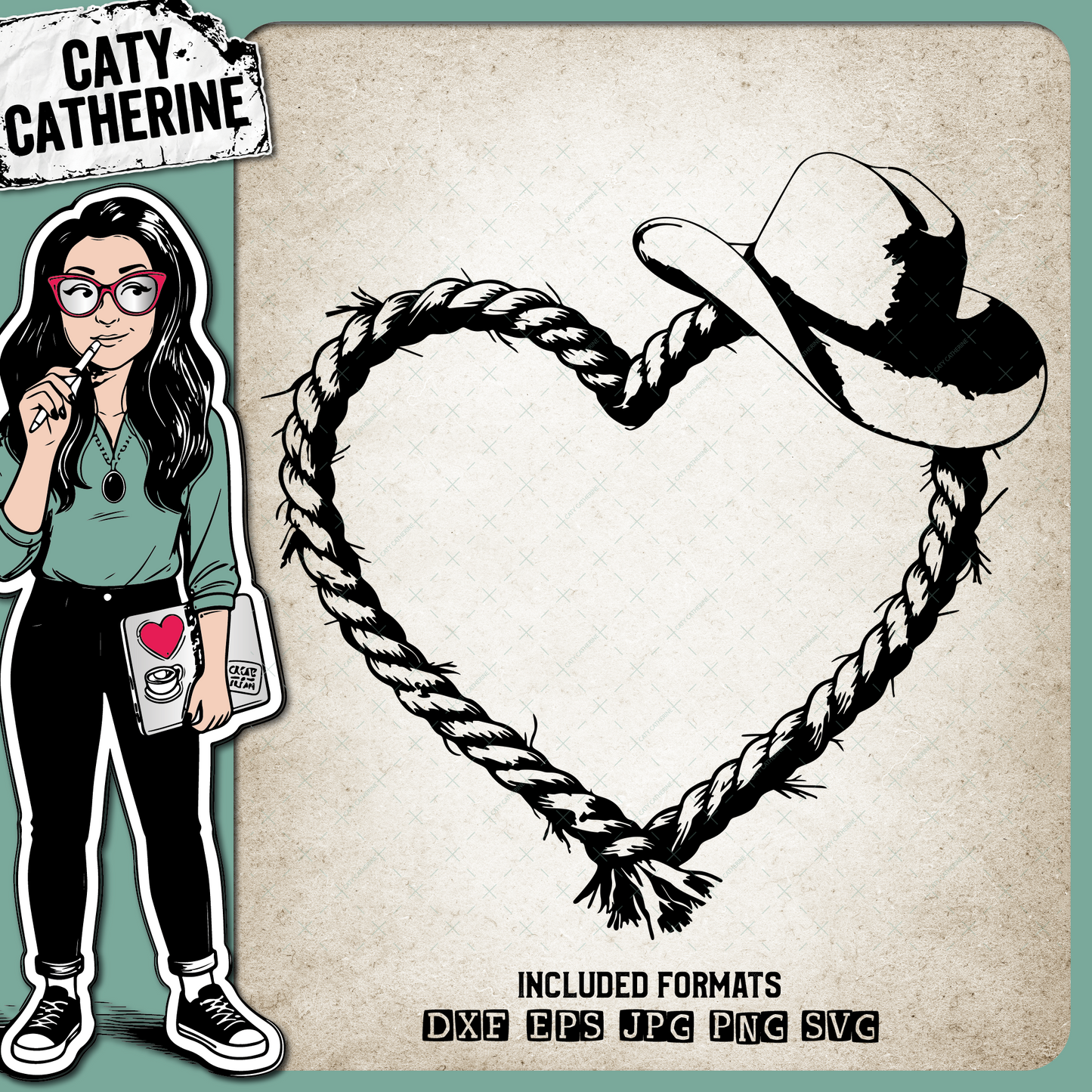 Old Rope Love Heart with Cowboy Hat – Western SVG Design by Caty Catherine