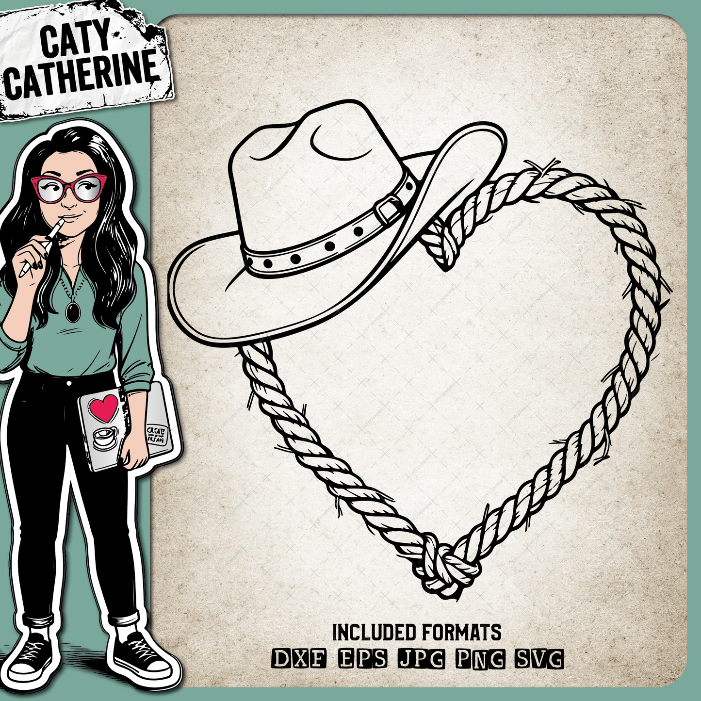 Old Rope Love Heart with Cowboy Hat – Western SVG Design by Caty Catherine