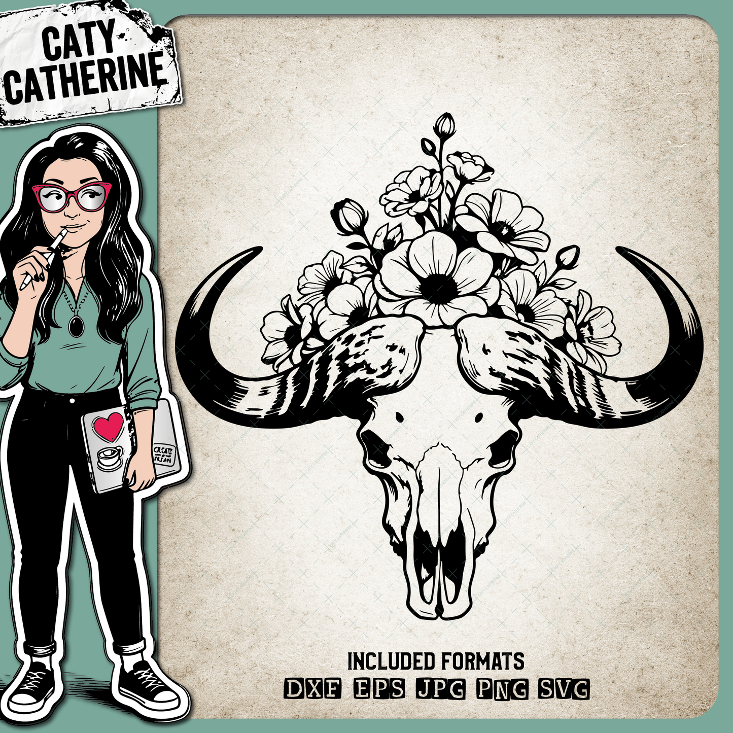 Bison Skull with Flowers – Western SVG Design by Caty Catherine