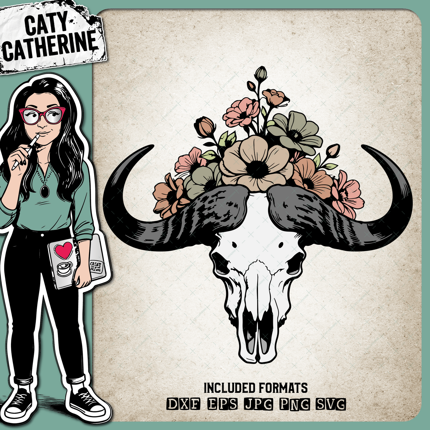 Bison Skull with Flowers – Western SVG Design by Caty Catherine