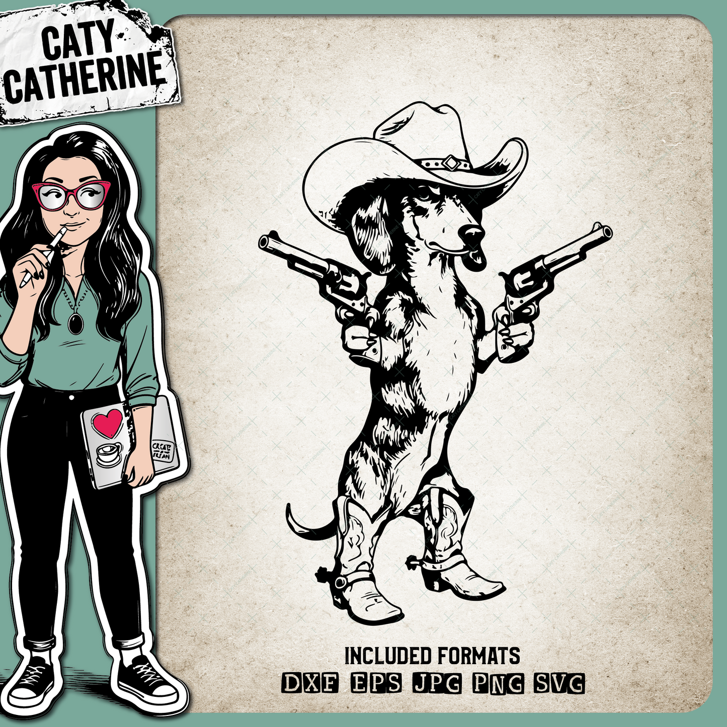 Westeren Dachsund Dog with Pistols, Cowboy Hat & Cowboy Boots – Western SVG Design by Caty Catherine