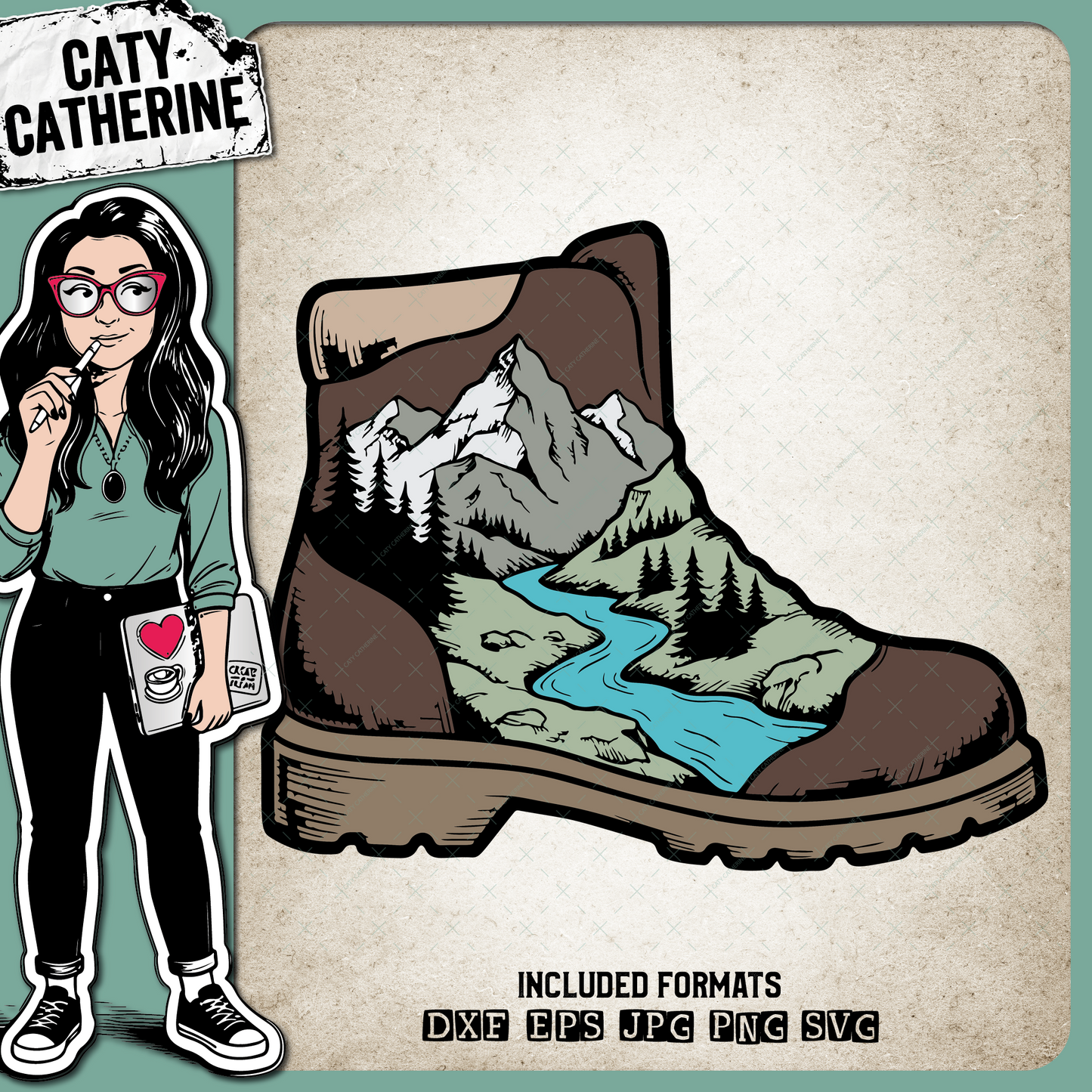 Hiking Boot With Mountain Scenery Landscape – Outdoors SVG Design by Caty Catherine