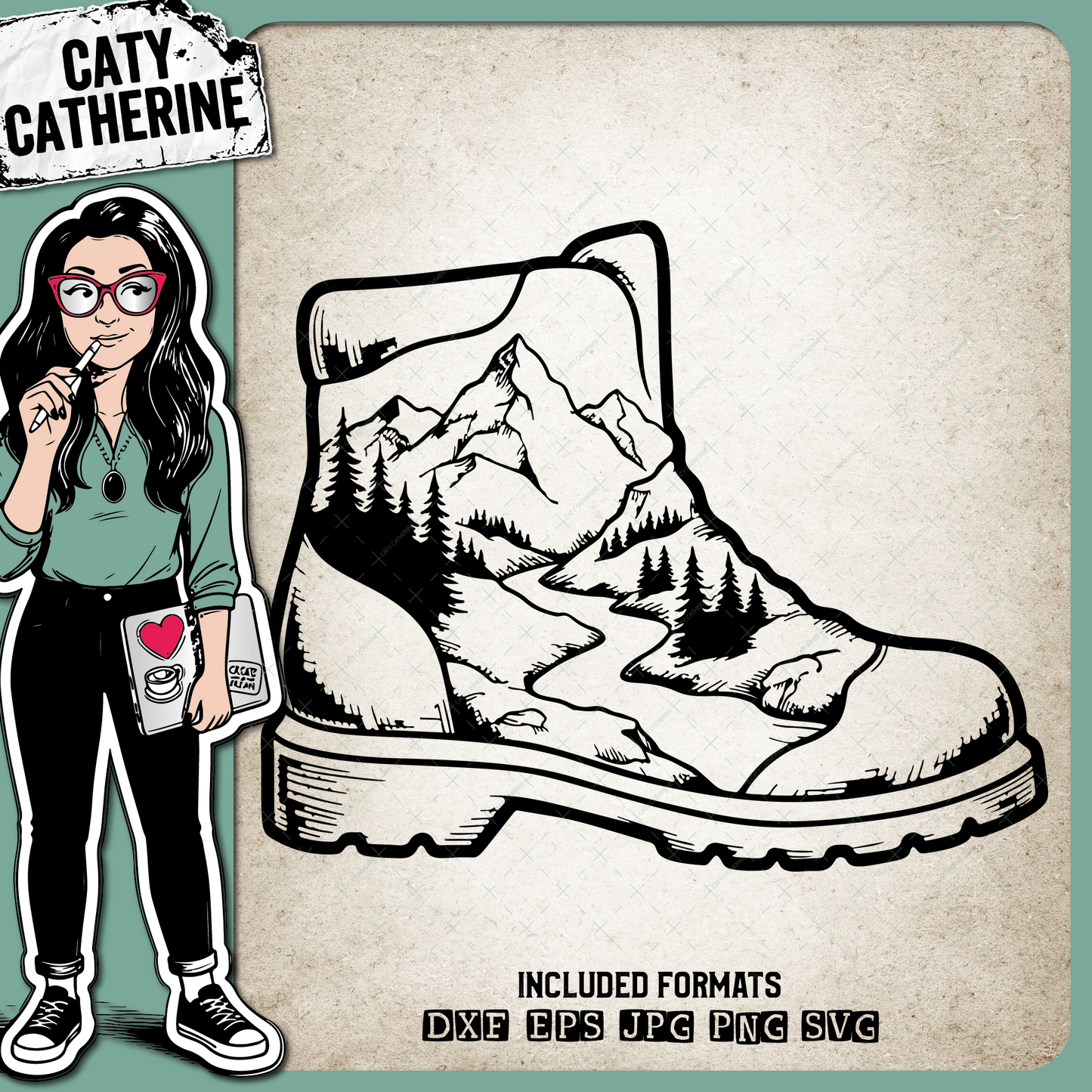 Hiking Boot With Mountain Scenery Landscape – Outdoors SVG Design by Caty Catherine