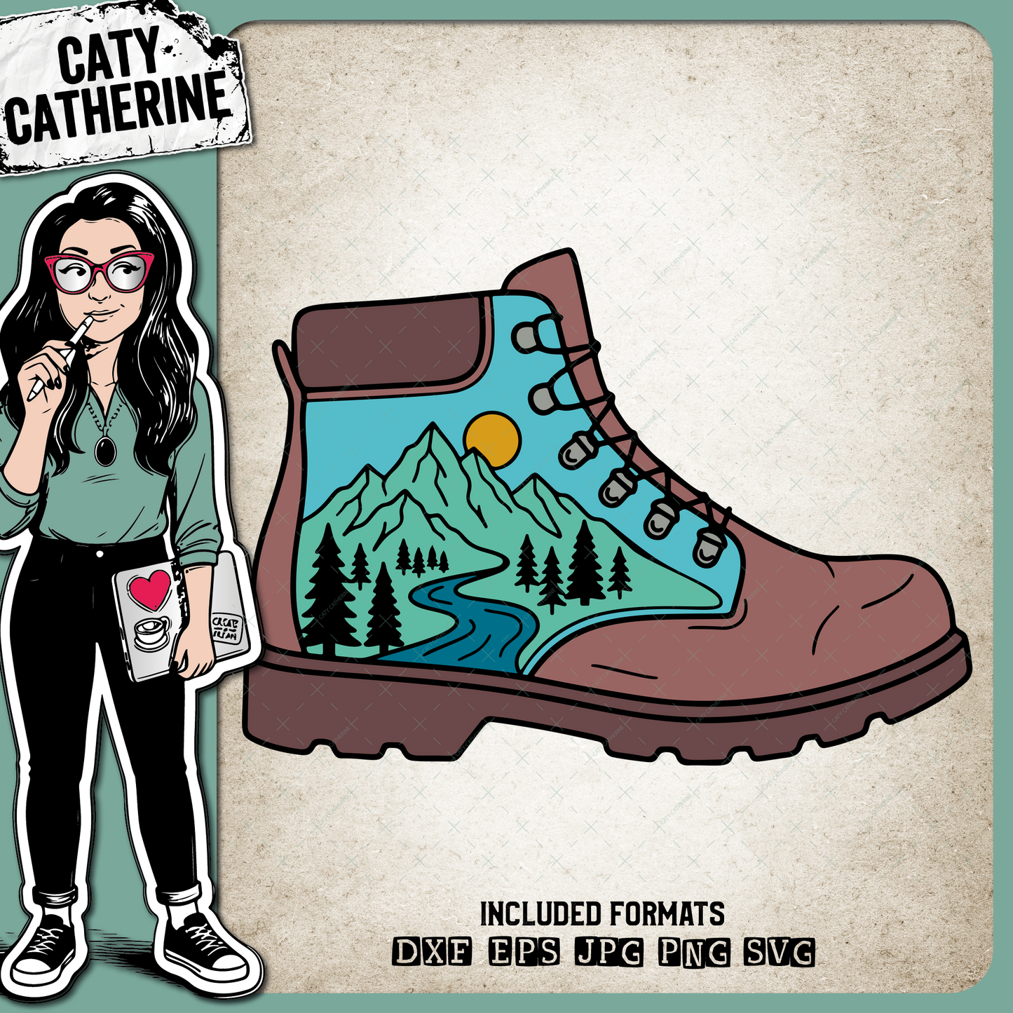 Hiking Boot With Mountain Scenery Landscape – Outdoors SVG Design by Caty Catherine