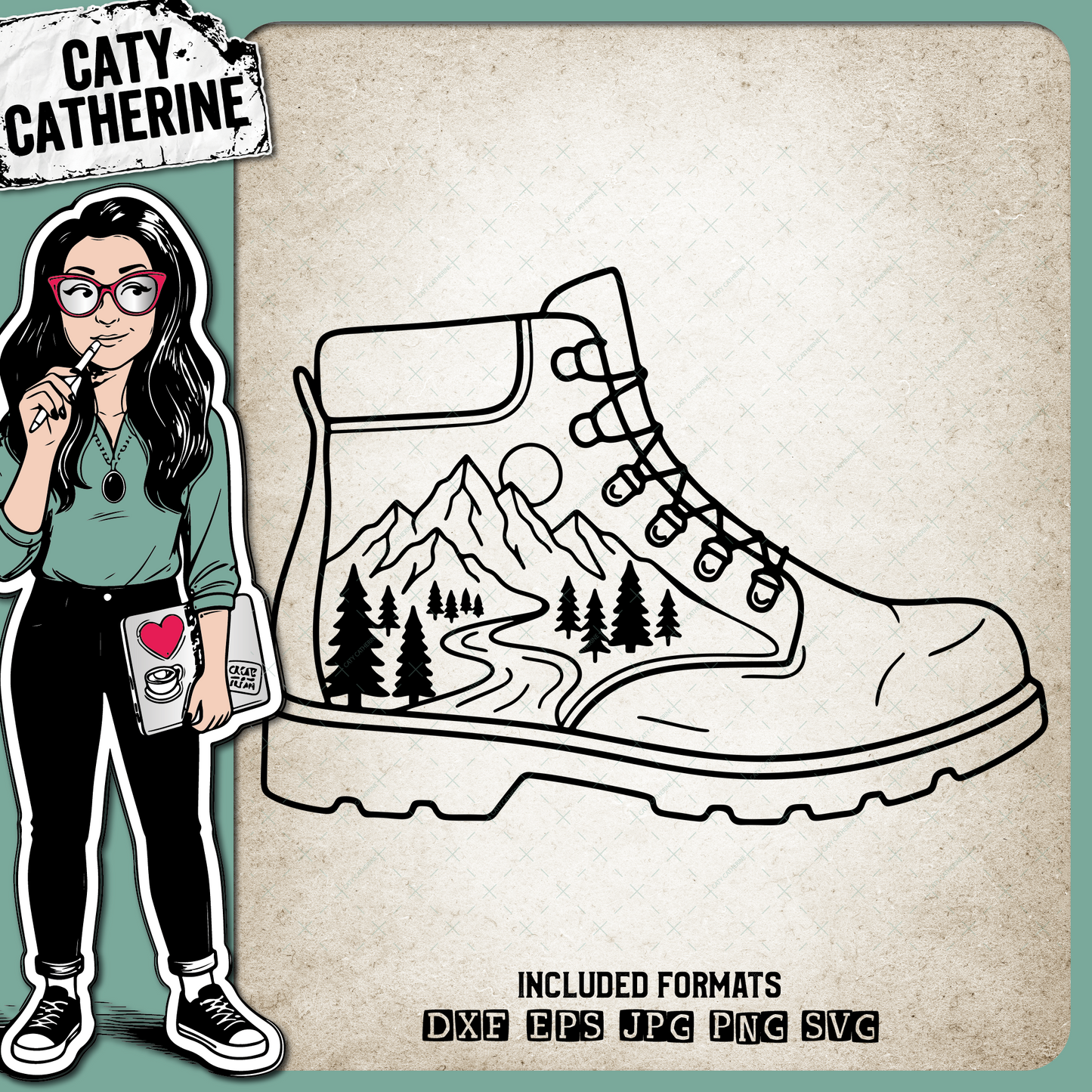 Hiking Boot With Mountain Scenery Landscape – Outdoors SVG Design by Caty Catherine